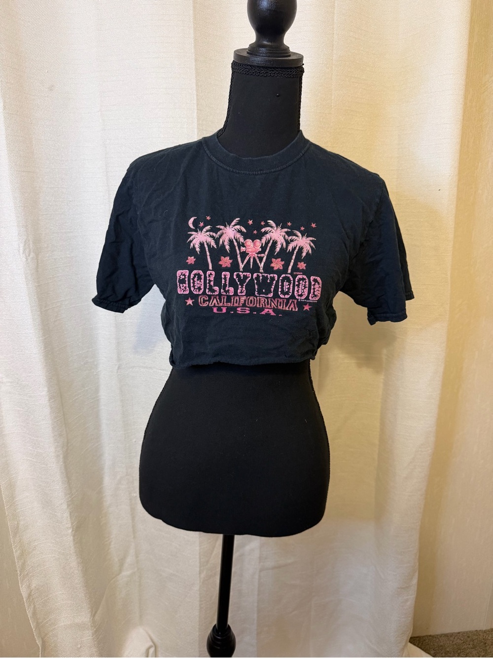 Fruit of the Loom Black Crop Tee with Pink Hollywood Graphic